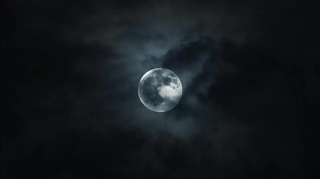 Full moon shining brightly behind dark stormy moving clouds in the spooky nighttime sky video footage
