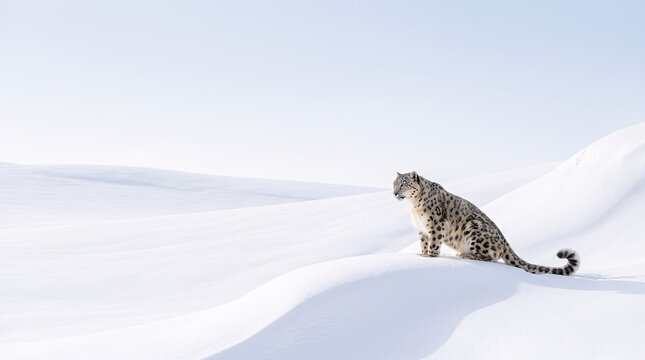 Panth&egrave;re des neiges assise dans un paysage enneig&eacute;