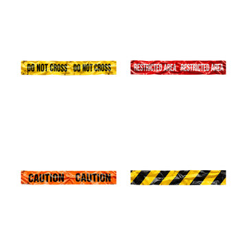 Set of four different warning and hazard caution tape strips isolated on transparent background