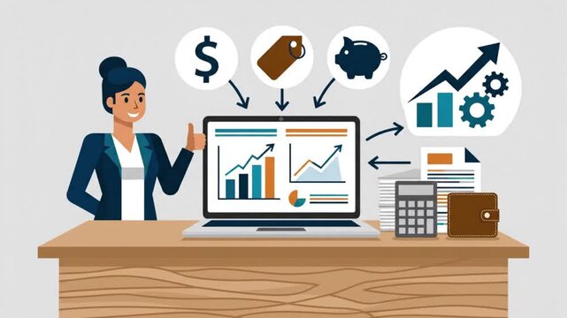 Businesswoman presenting financial management, budget planning, and investment growth data animation