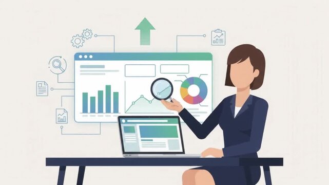 Professional businesswoman analyzing financial charts and business data analytics on laptop screen animation