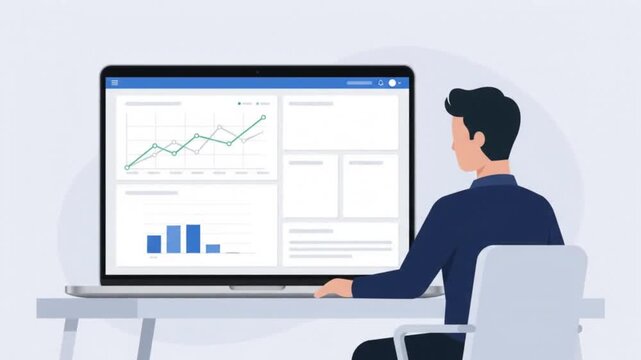 Businessman working at office desk and analyzing corporate financial performance dashboard animation