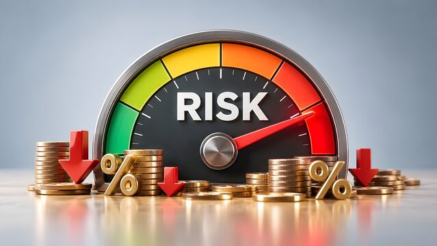 Financial Risk Assessment Concept Featuring a Gauge Meter in High Red Zone with Gold Coins, Percent Signs and Downward Arrows Representing Economic Crisis, Investment Danger and Market Volatility.