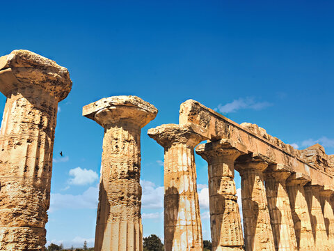 Ancient Greek Temple Ruins in Selinunte, Sicily, Italy Under Blue Sky
