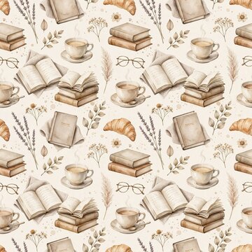 Cozy book club seamless pattern with tea, croissant and books.
