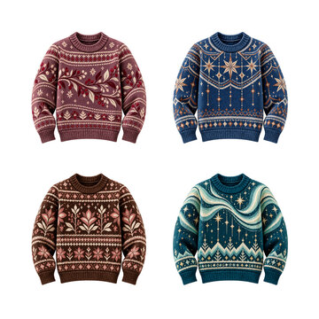 Set of four colorful knitted winter sweaters with festive patterns isolated on transparent background