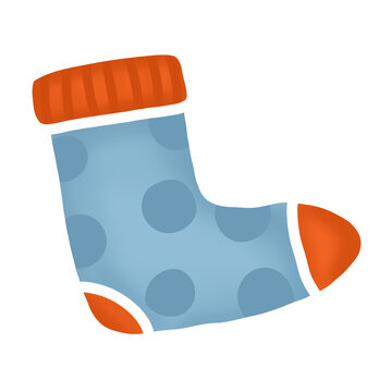 Hand Drawn Blue Polka Dot Winter Sock Illustration Isolated on White Background