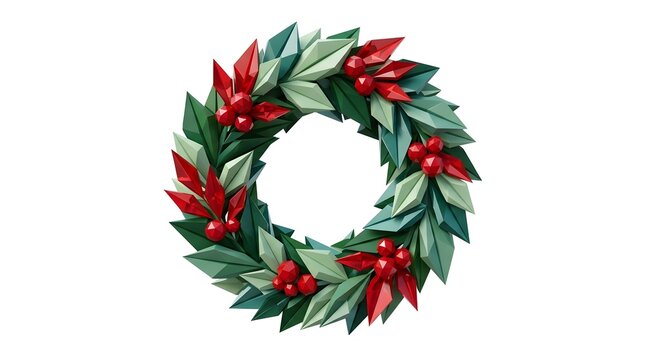 Low poly christmas wreath with green leaves and red berries isolated on white background