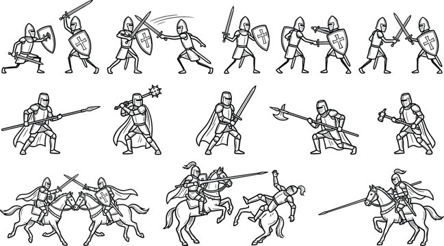 Medieval knight warrior line icon set collection vector elements including sword shield horse battle fight weapons
