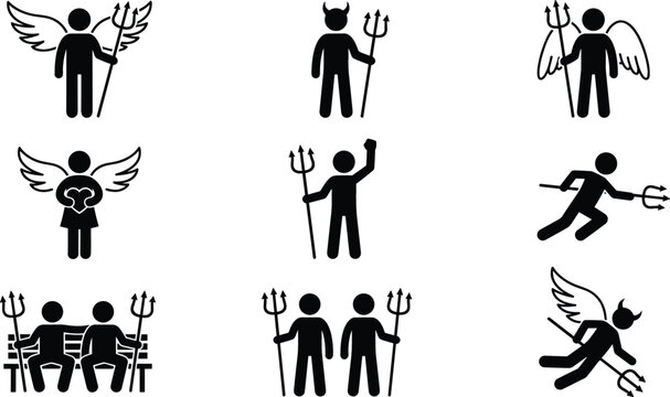 Angel and devil stick figure silhouette icon set collection vector elements including trident wings halo horn poses