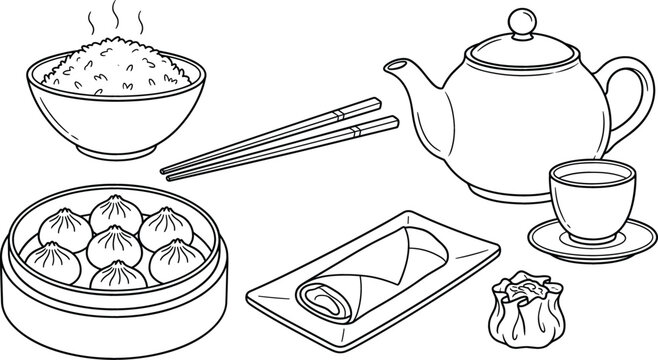 Chinese dim sum and traditional asian food line art vector set featuring dumpling teapot rice spring roll elements