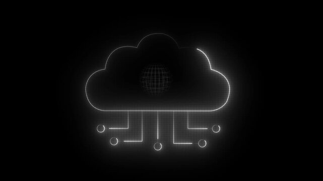 Neon blue cloud icon with   connecting lines on black background cloud computing application programming interface concept. 4k video