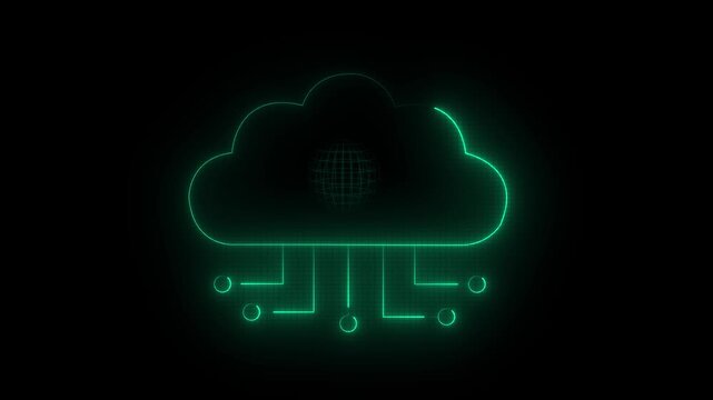Neon blue cloud icon with   connecting lines on black background cloud computing application programming interface concept. 4k video
