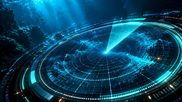 Underwater radar screen showing sonar detection of ocean floor terrain with glowing blue signal, deep sea exploration and technology concept, underwater research visualization.
