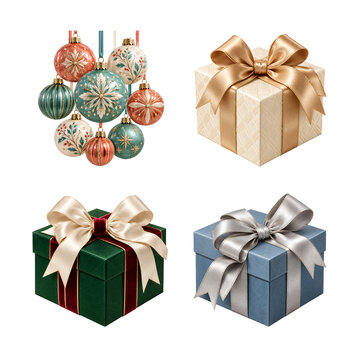 Set of decorative christmas ornaments and festive gift boxes isolated on transparent background