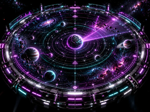 Detailed holographic star map showing celestial bodies and planetary orbits on glowing violet circular interface representing deep space exploration and futuristic galactic navigation.