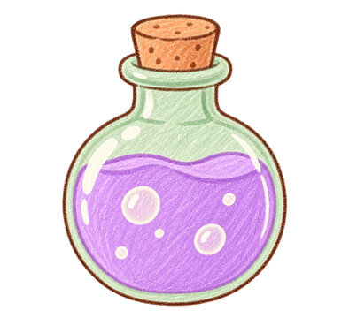 Glass potion bottle with purple magic liquid and cork, pastel colored pencil illustration, transparent background