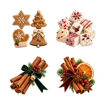 Collection of festive holiday gingerbread cookies and aromatic cinnamon spice decorations isolated on transparent background