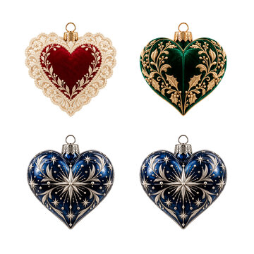 Set of four decorative heart shaped christmas ornaments with intricate gold patterns isolated on transparent background