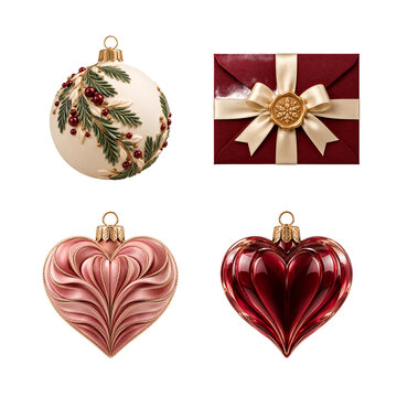 Set of decorative christmas ornaments and a festive gift box isolated on transparent background