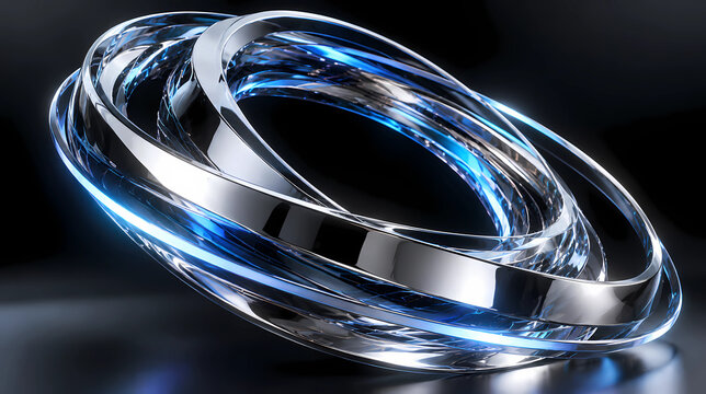 Abstract interlocking silver rings with glowing blue light edges floating in dark space for jewelry design or technology concept high gloss metallic texture background with reflections.