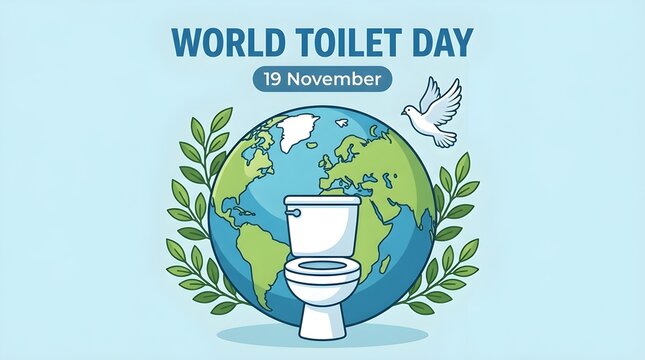 World Toilet Day social media banner design, 19 November sanitation awareness concept illustration vector, toilet bowl with planet earth globe olive branch white dove illustration template on light bl