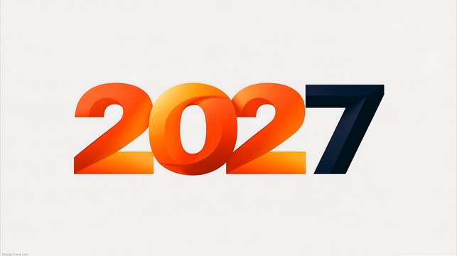 The number 2027 rendered in bold, 3 d typography with orange gradient digits for 202 and a solid dark blue digit for 7 on a white background