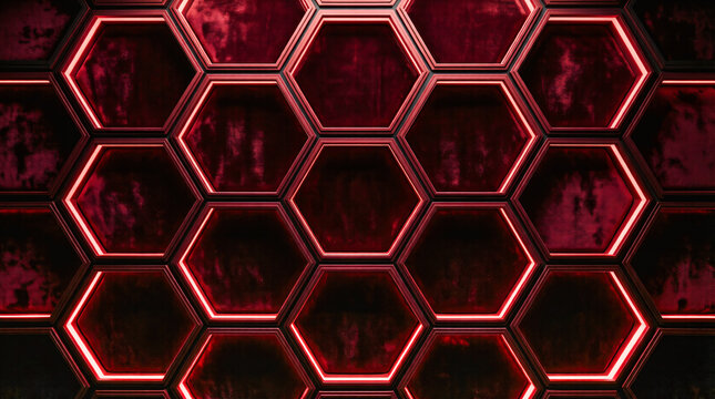 Sleek Dark Velvet Hexagonal Honeycomb Grid Background with Glowing Crimson Neon Edge Lighting