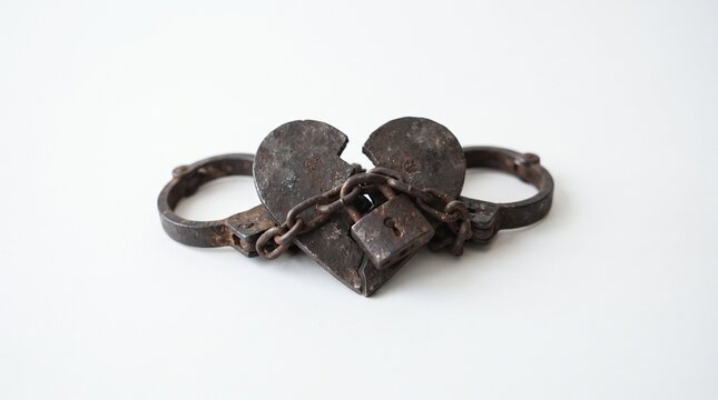 Broken metal heart locked with rusty handcuffs and chains on white wood