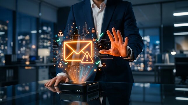 Businessman interacting with a glowing email notification in a server room environment