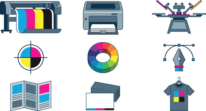 Printing industry icon set featuring cmyk plotter printer screen press and graphic design tools vector