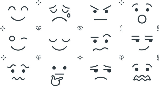 Vector line art emoticon bundle featuring cute cartoon faces thinking crying and smirking illustration