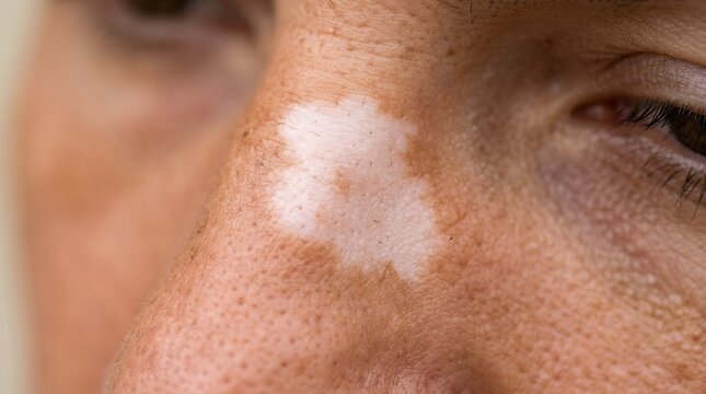 Close up view of facial skin showing patches of white pigmentation likely vitiligo skin condition medical dermatology