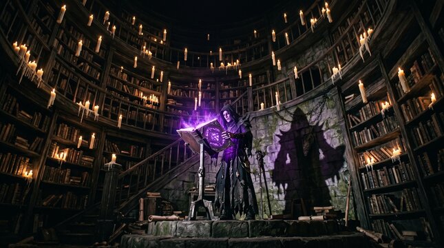 Dark wizard casting a purple glowing spell from a spellbook in an ancient grand library lit by candles