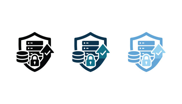 Secure server hosting and data protection icon set with shield, lock and database symbols