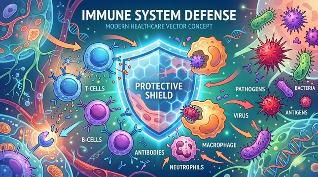 Immune system cells fighting against pathogens