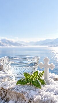 Outdoor epiphany blessing with clear holy water glass bowl white cross and basil sprig on snow against frozen lake landscape