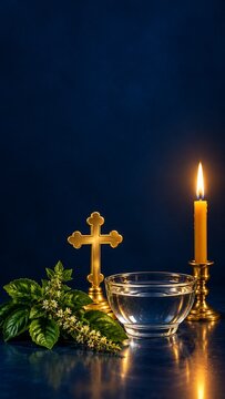 Epiphany background with golden cross holy water bowl burning candle and fresh basil leaves on dark vertical table background