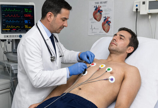 Doctor attaches electrodes to patient's chest