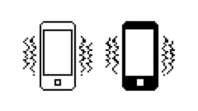 Two vibrating pixel art smartphones illustrated with black and white retro outline vectors