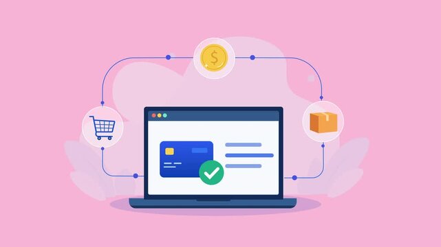 Flat vector animation showing a laptop with a verified payment card connected to shopping, payment, and ecommerce icons for online checkout and digital transactions.