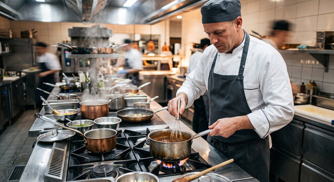  Professional Chef Preparing Food in a Modern Commercial Restaurant Kitchen