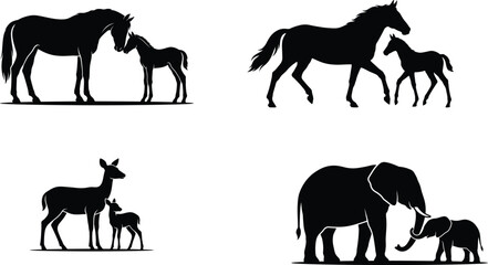 Horse and Foal Silhouette Collection with Deer and Elephant Families © Ferdous