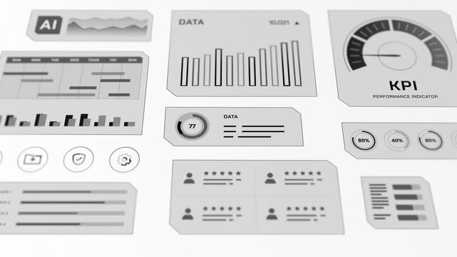 Close up perspective shot of grayscale digital dashboard tracking key performance indicators and progress bars.