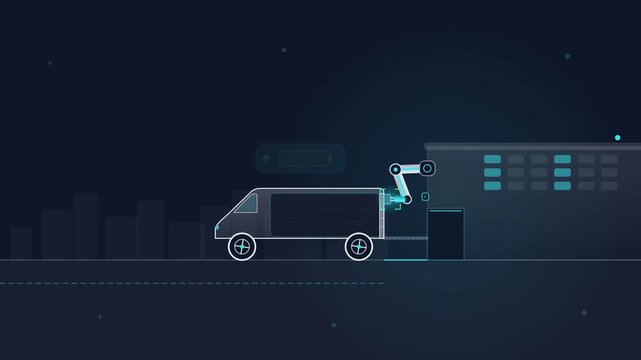 Autonomous electric delivery van automated robotic arm charging and parcel loading at smart depot in animation