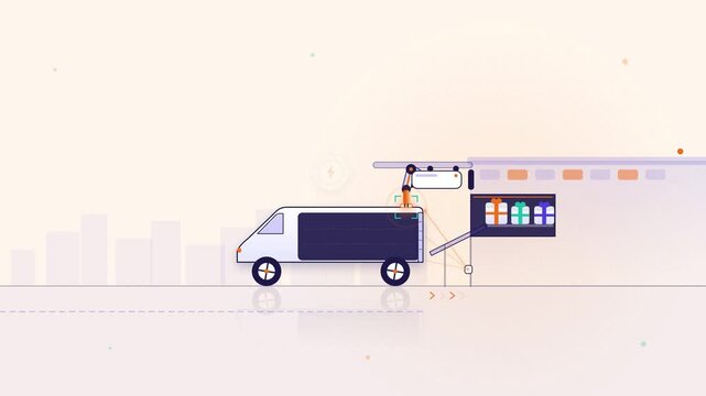 Automated warehouse robotic arm loading parcel boxes into electric cargo delivery van with fast charging