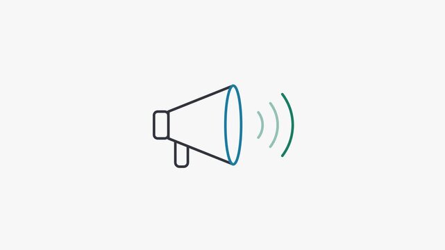 Seamless 4K looping animation of a flat announcement megaphone icon in blue and azure, centred on a clean light background with plenty of copy space. Simple two tone vector shapes and smooth motion. H