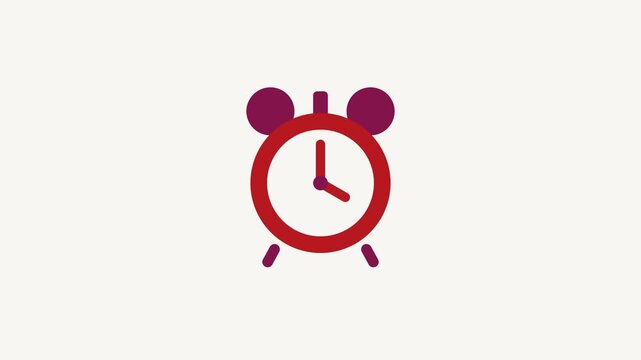 Seamless 4K looping animation of a flat alarm clock icon in red and crimson, centred on a clean light background with plenty of copy space. Simple two tone vector shapes and smooth motion. Horizontal 