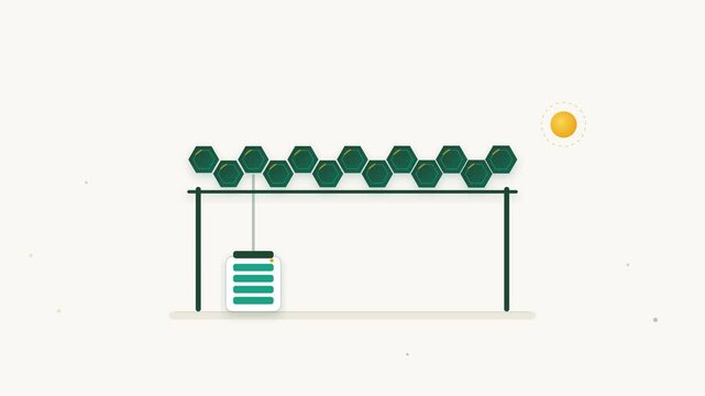 Solar canopy microgrid charging station powering electric vehicle delivery fleet at green depot in looping animation