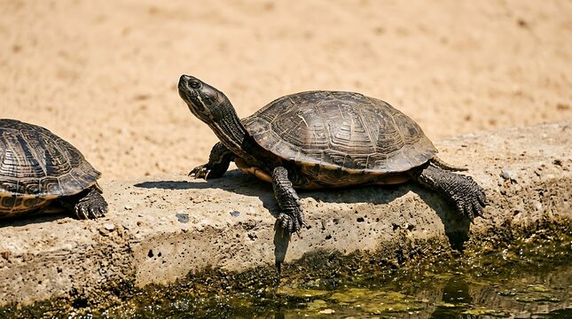Two turtles resting on a concrete ledge beside a pond in a sunny